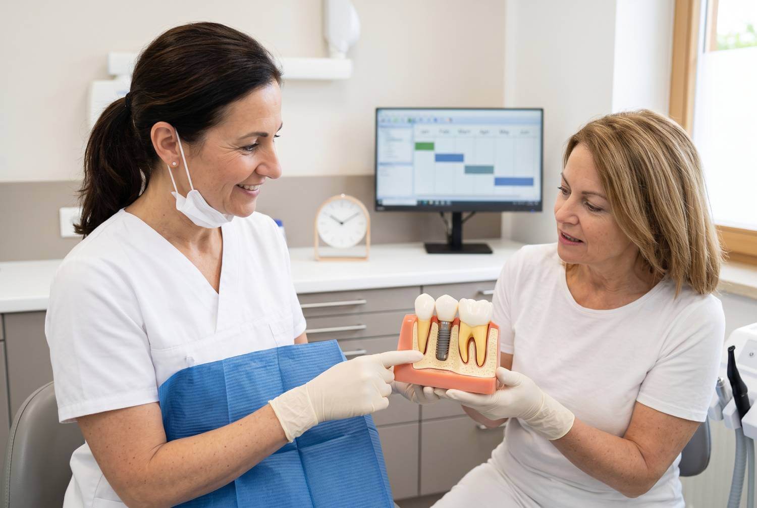 Dentista mostra modelo de implante dentário explicando as etapas do tratamento para paciente na Clínica Arte Dental, Jd Anália Franco.